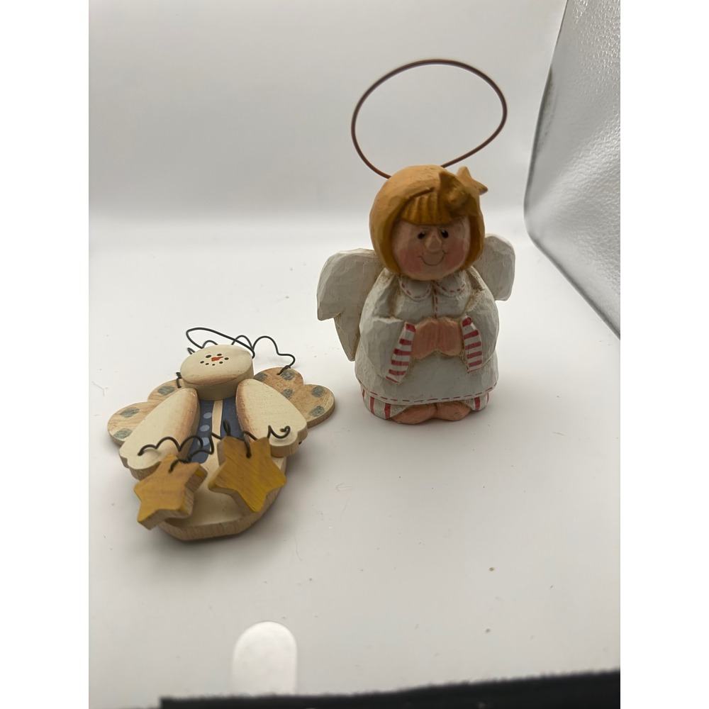 Vintage Folk Art Angel Figurines Set Primitive Resin Standing & Wood Ornament